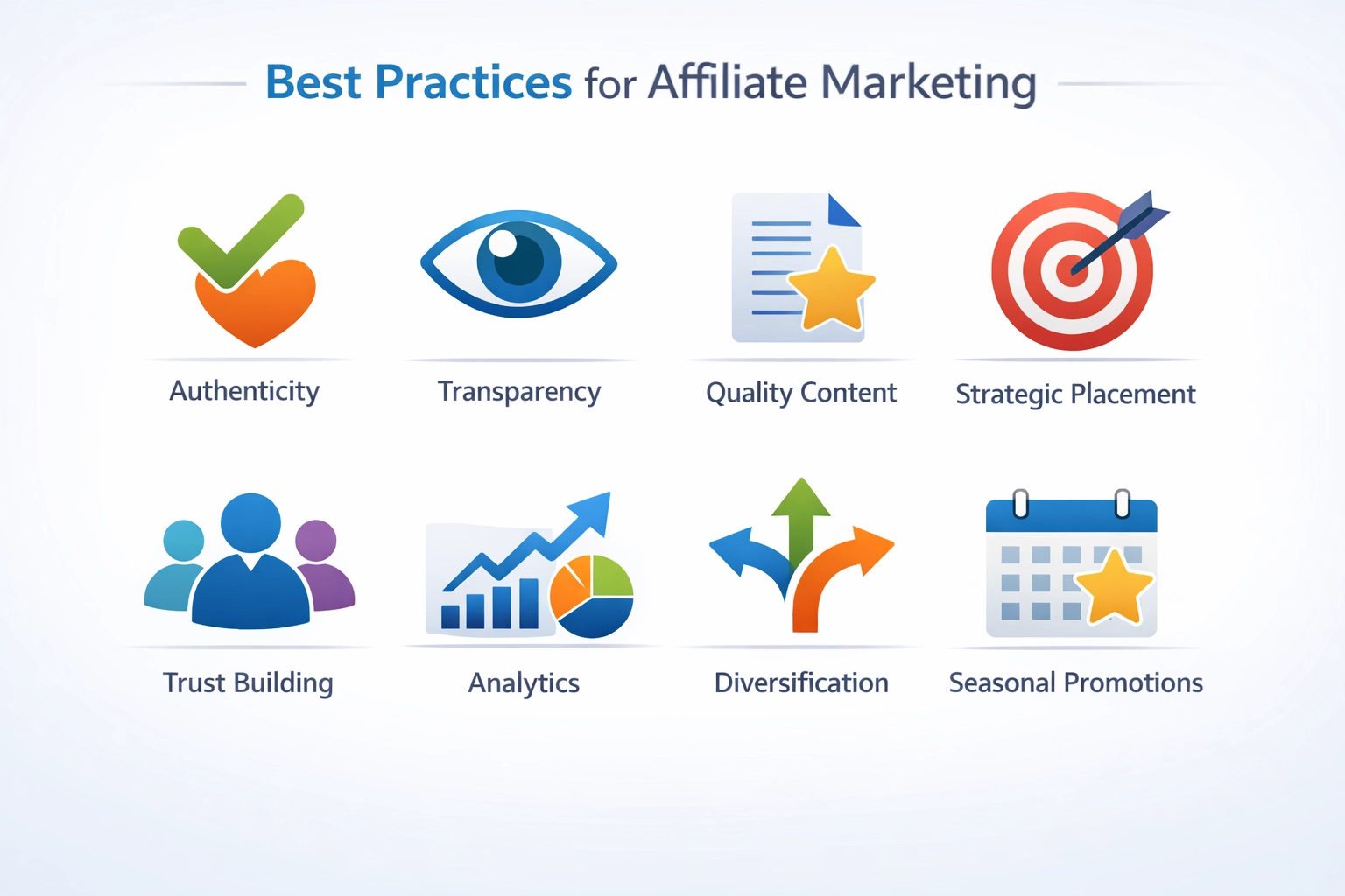 Acht Best Practices für erfolgreichen Affiliate-Marketing als Icons dargestellt