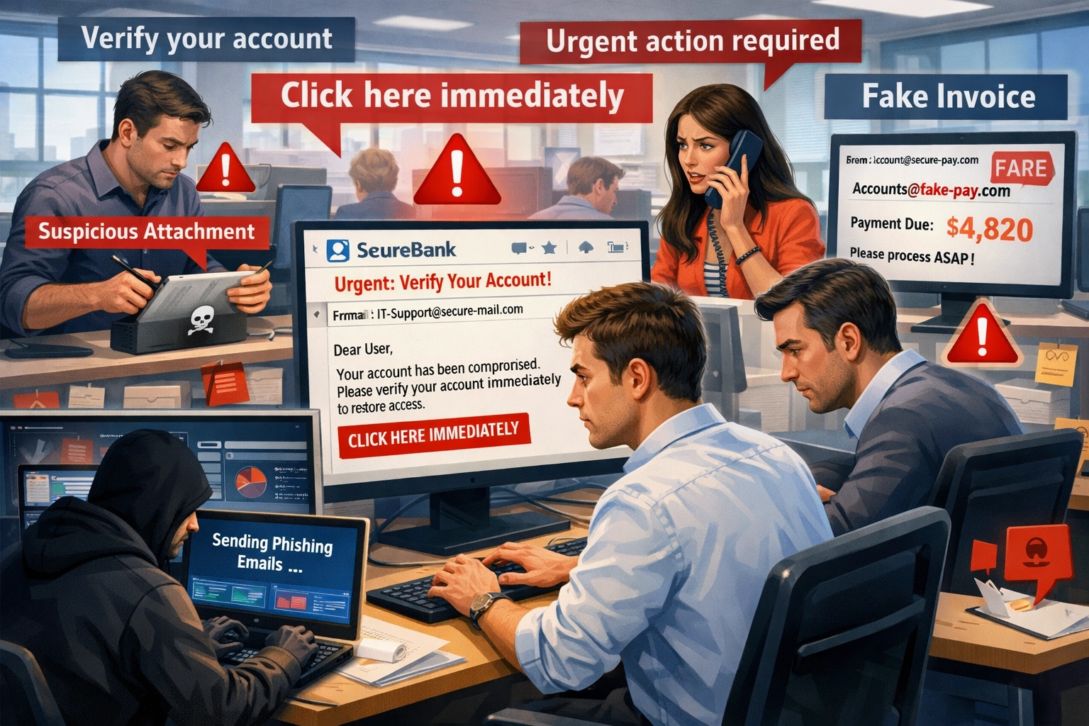 Illustration von Phishing- und Social-Engineering-Angriffen auf KMU-Mitarbeiter