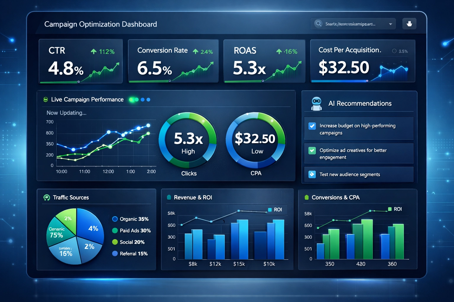 Echtzeit-Optimierungs-Dashboard mit Performance-Kennzahlen und KI-Empfehlungen