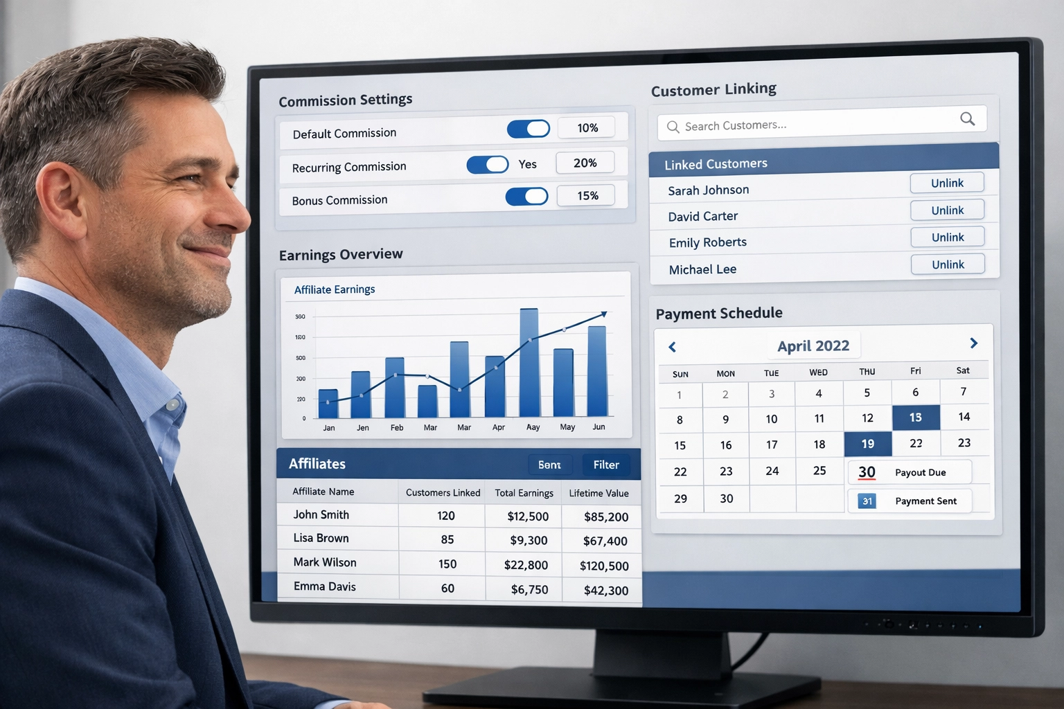 Affiliate-Programm-Dashboard mit Provisions-Einstellungen und Kundenverknüpfungs-Interface