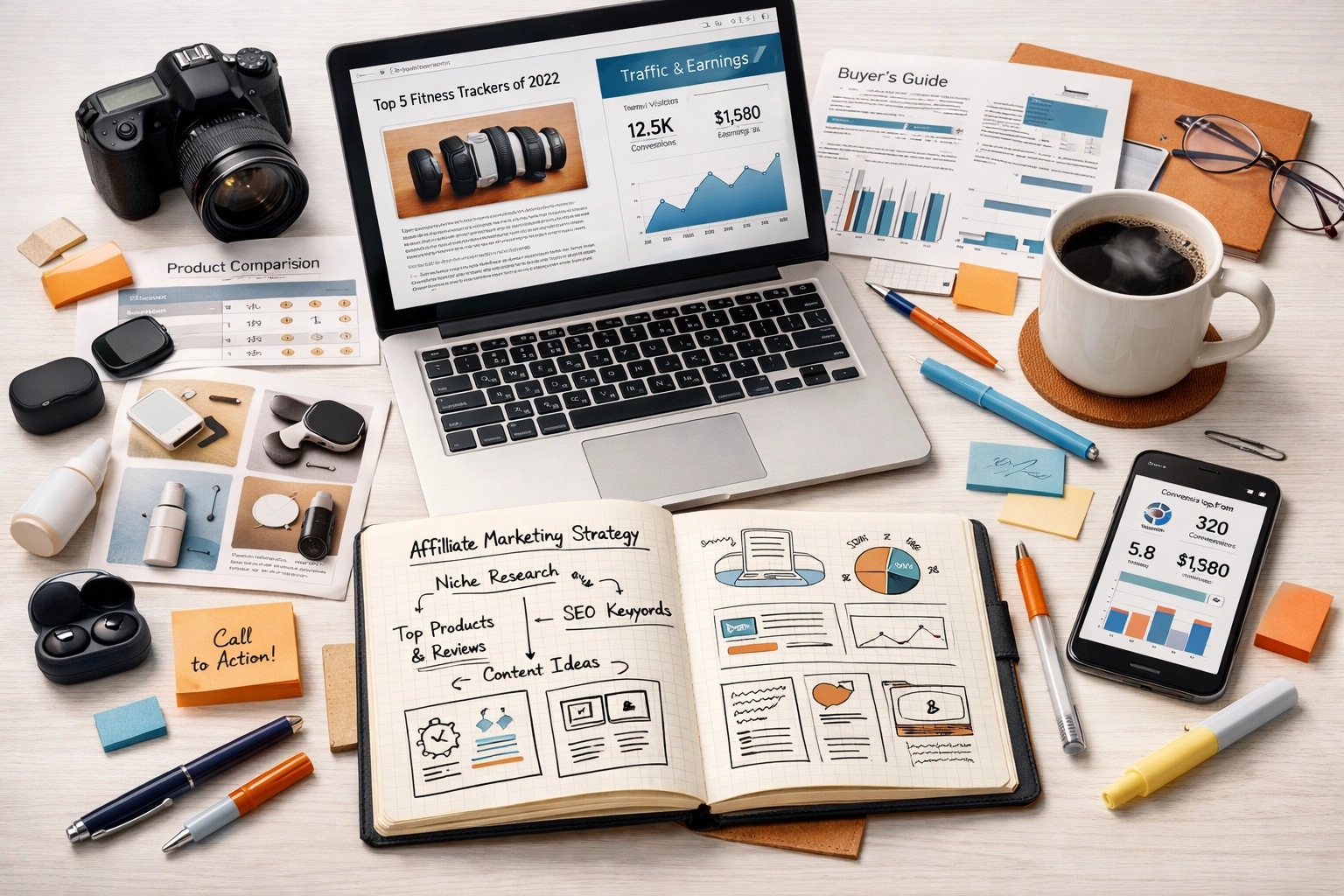 Organisierter Arbeitsplatz mit Content-Erstellung und Affiliate-Marketing-Strategie