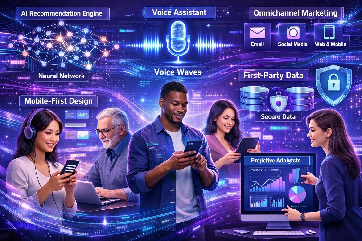 Futuristische digitale Marketing-Landschaft mit neuen Personalisierungstechnologien wie KI, Voice Search, Mobile-First-Design und Omnichannel-Marketing