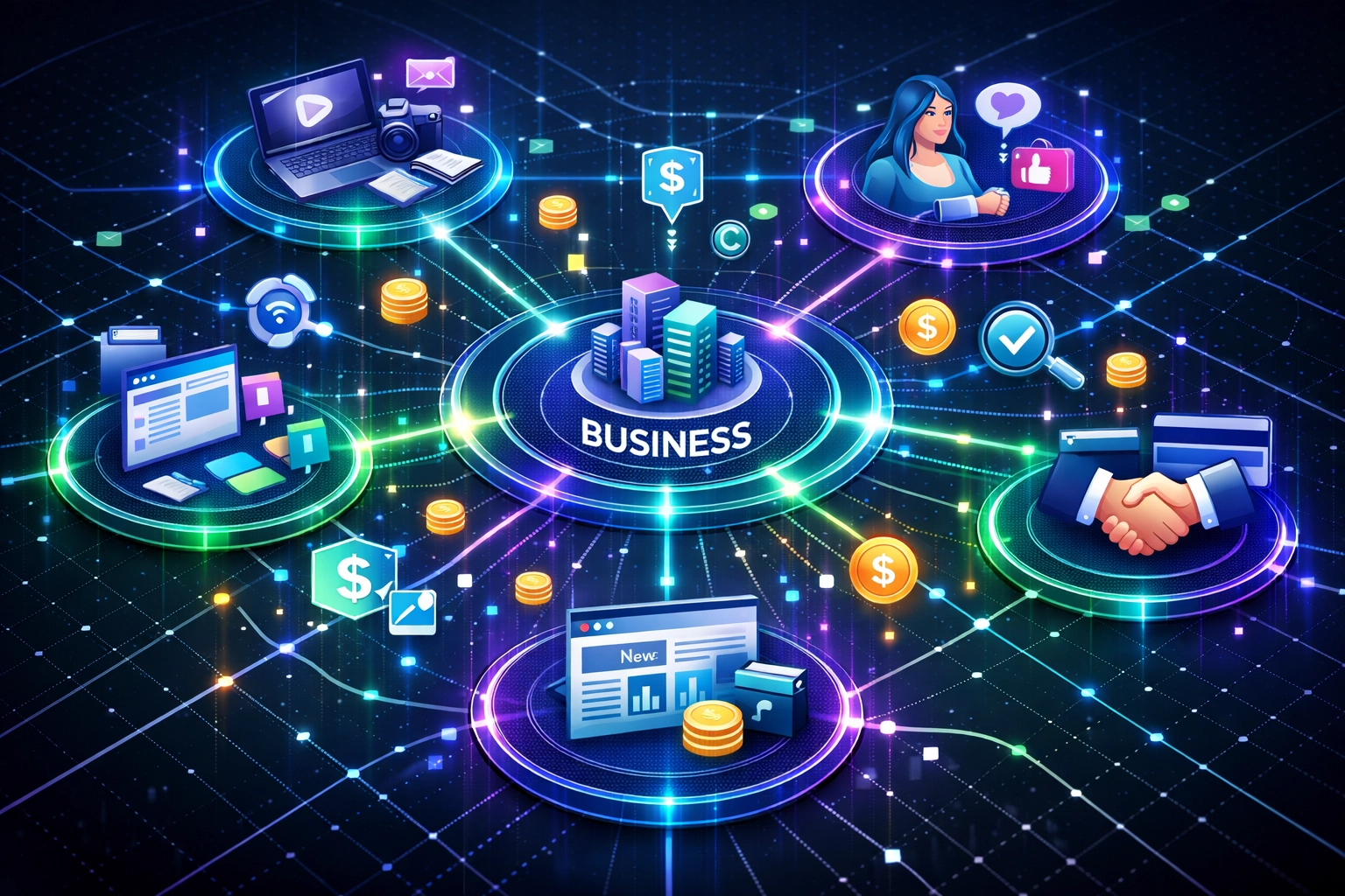 Affiliate-Netzwerk-Ökosystem mit verbundenen Partnern und Datenfluss