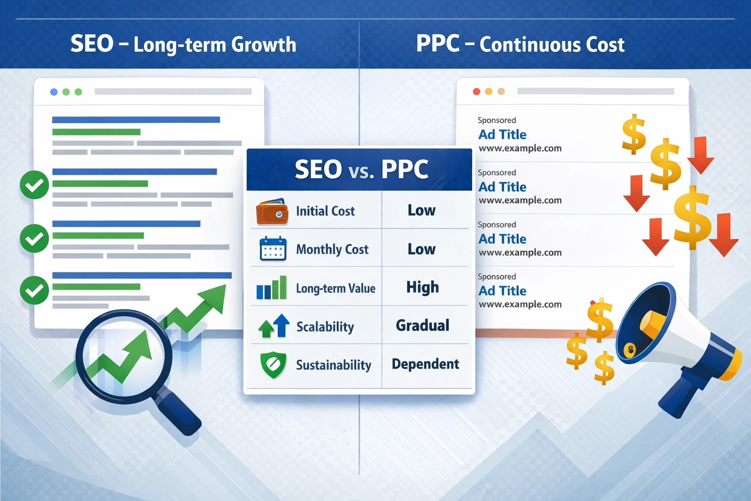 SEO vs PPC Vergleichs-Infografik zu Kosten- und Wertunterschieden