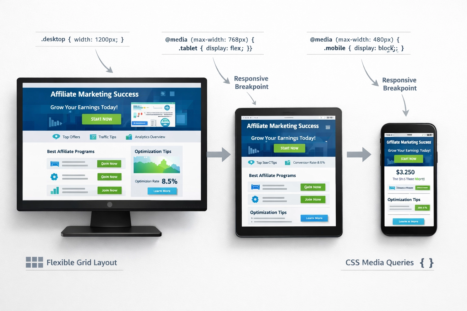 Responsive design demonstration across desktop, tablet, and mobile devices