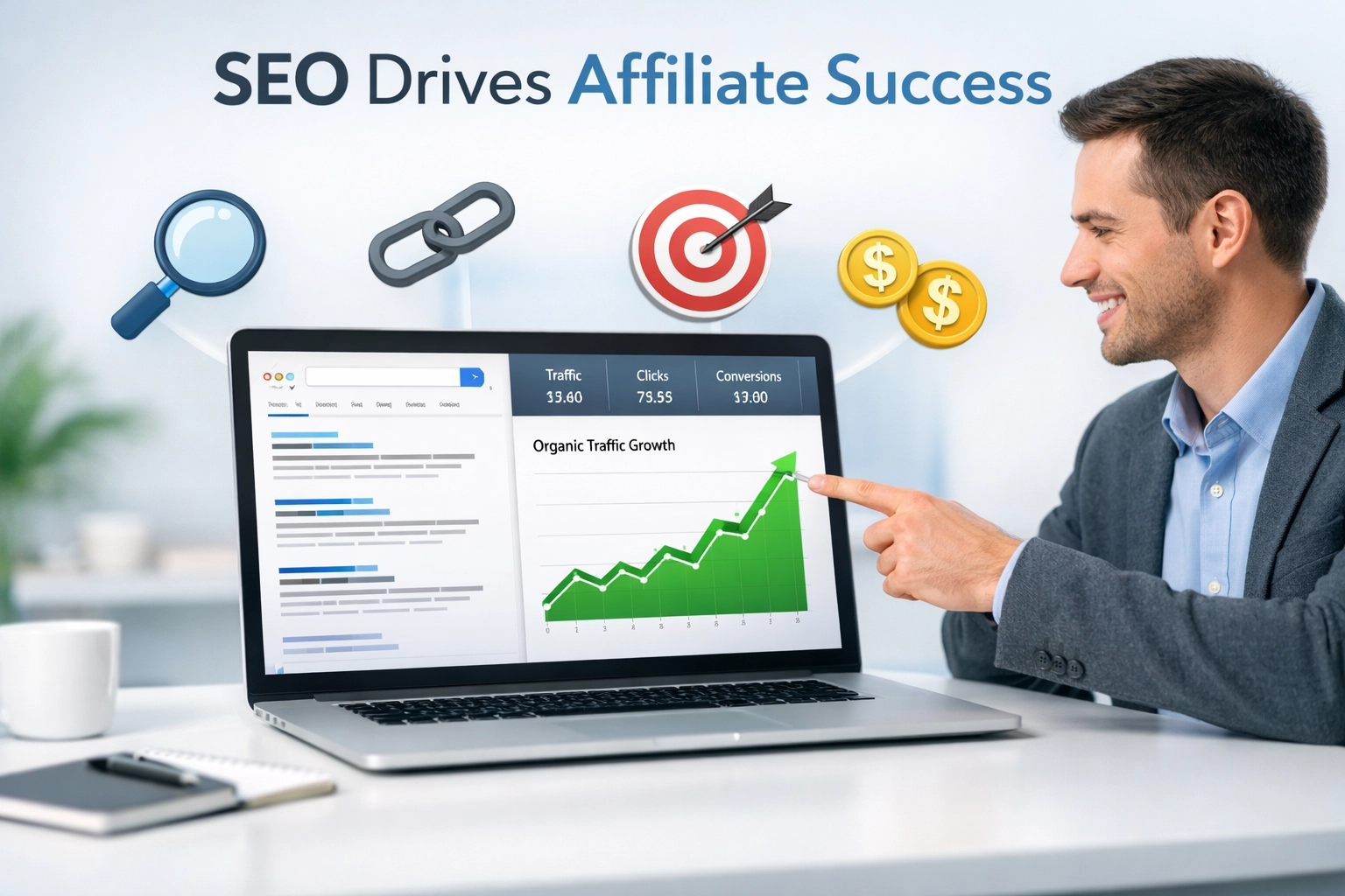 Professioneller digitaler Marketing-Arbeitsplatz mit SEO-Analysen und Erfolgsmetriken im Affiliate-Marketing