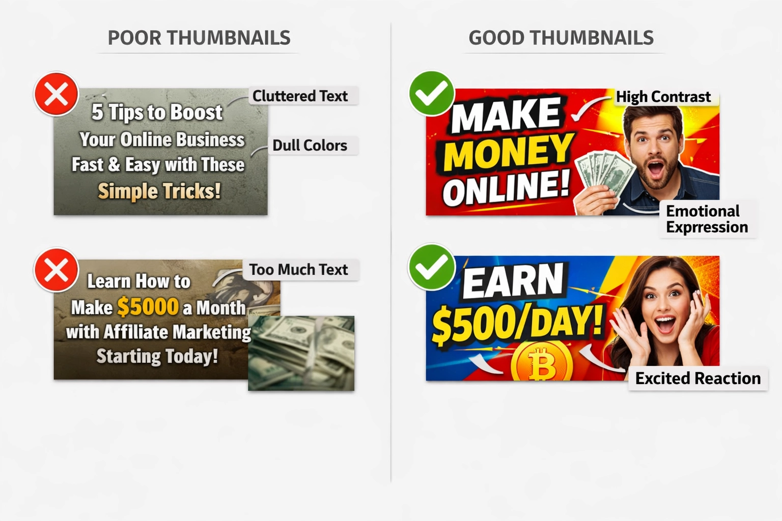 YouTube thumbnail design comparison showing good vs bad examples with annotations