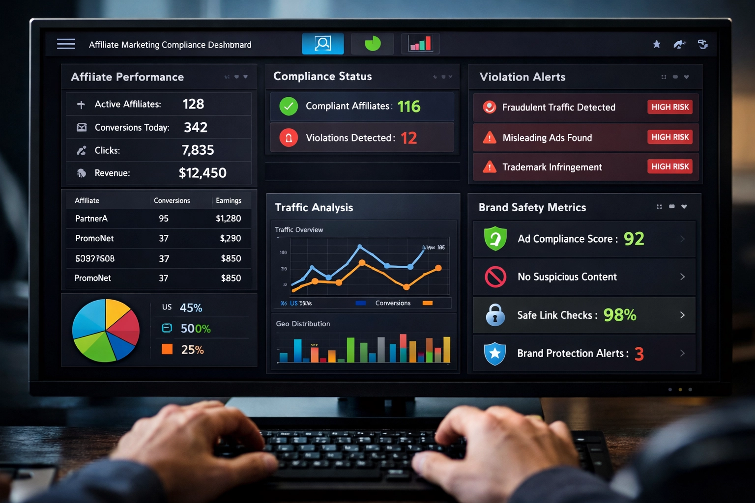 Advanced affiliate marketing compliance dashboard with real-time monitoring metrics and alerts