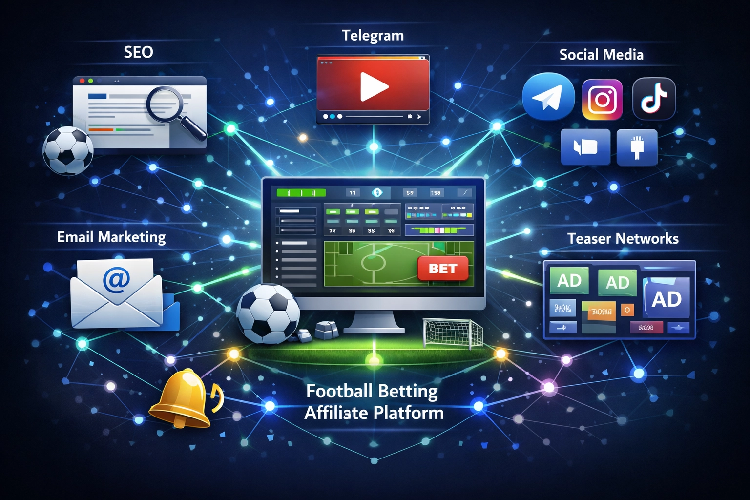 Ökosystem der digitalen Marketingkanäle für Affiliate-Marketing im Fußballwetten