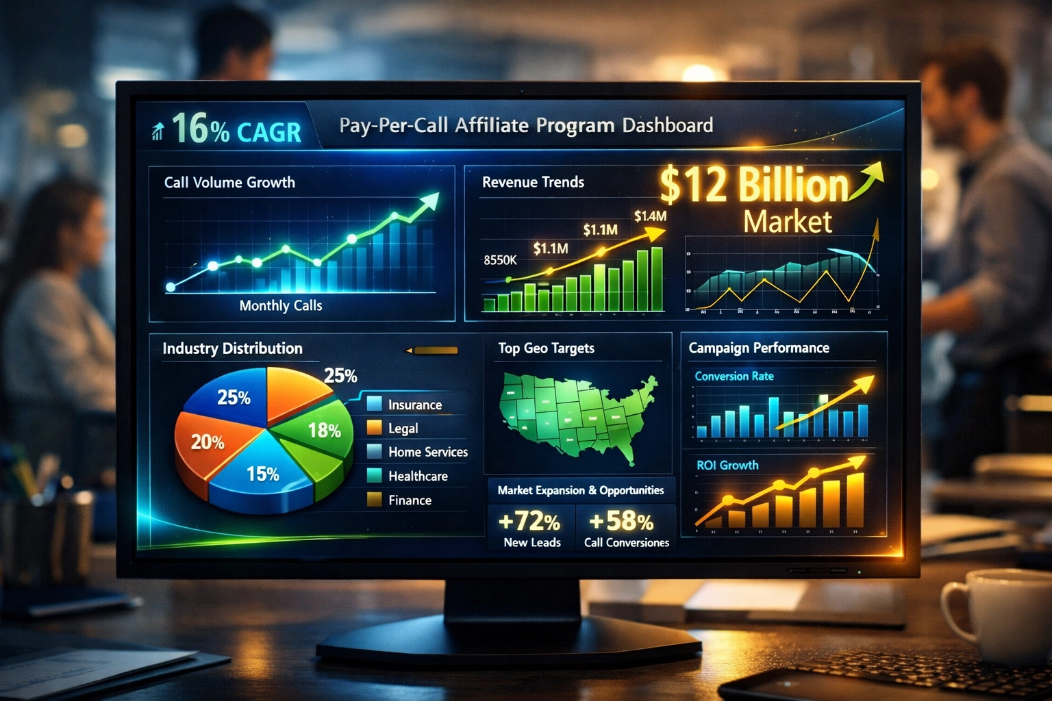 Pay-per-Call-Markt-Wachstums-Dashboard mit $12 Mrd. Prognose und 16 % CAGR