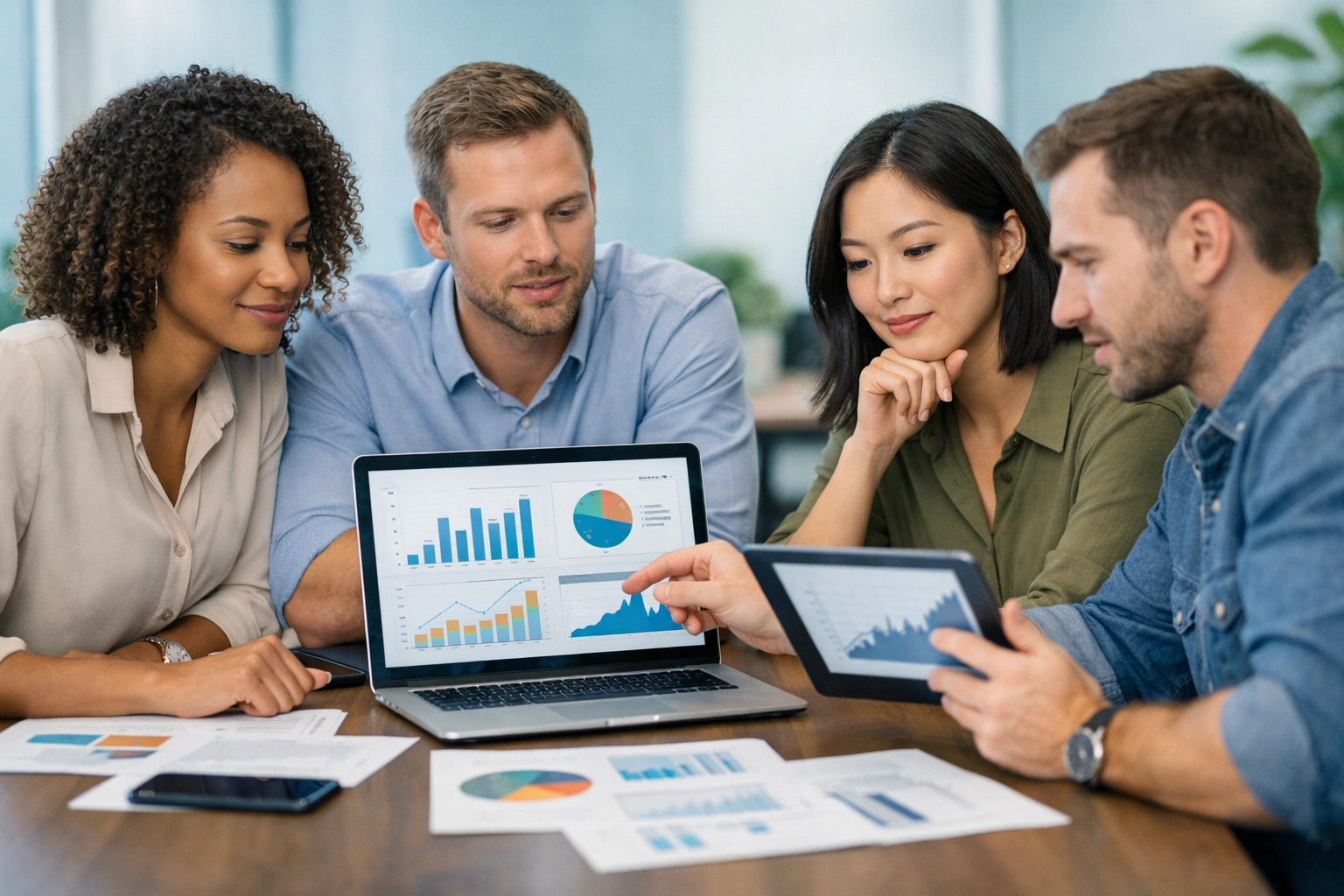 Professionelles Team bewertet Affiliate-Programme an Laptops und Tablets