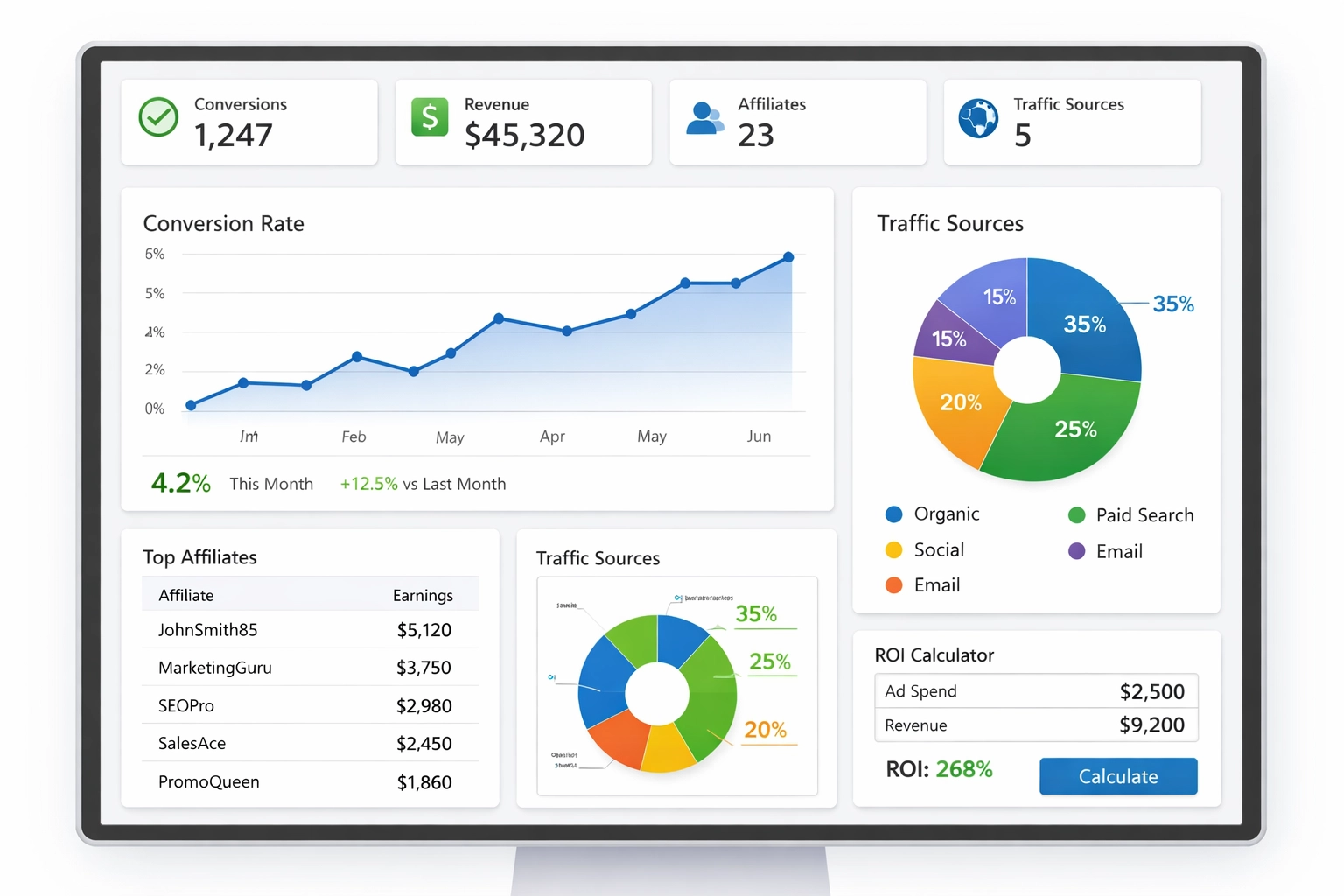 Affiliate program analytics dashboard with key performance metrics