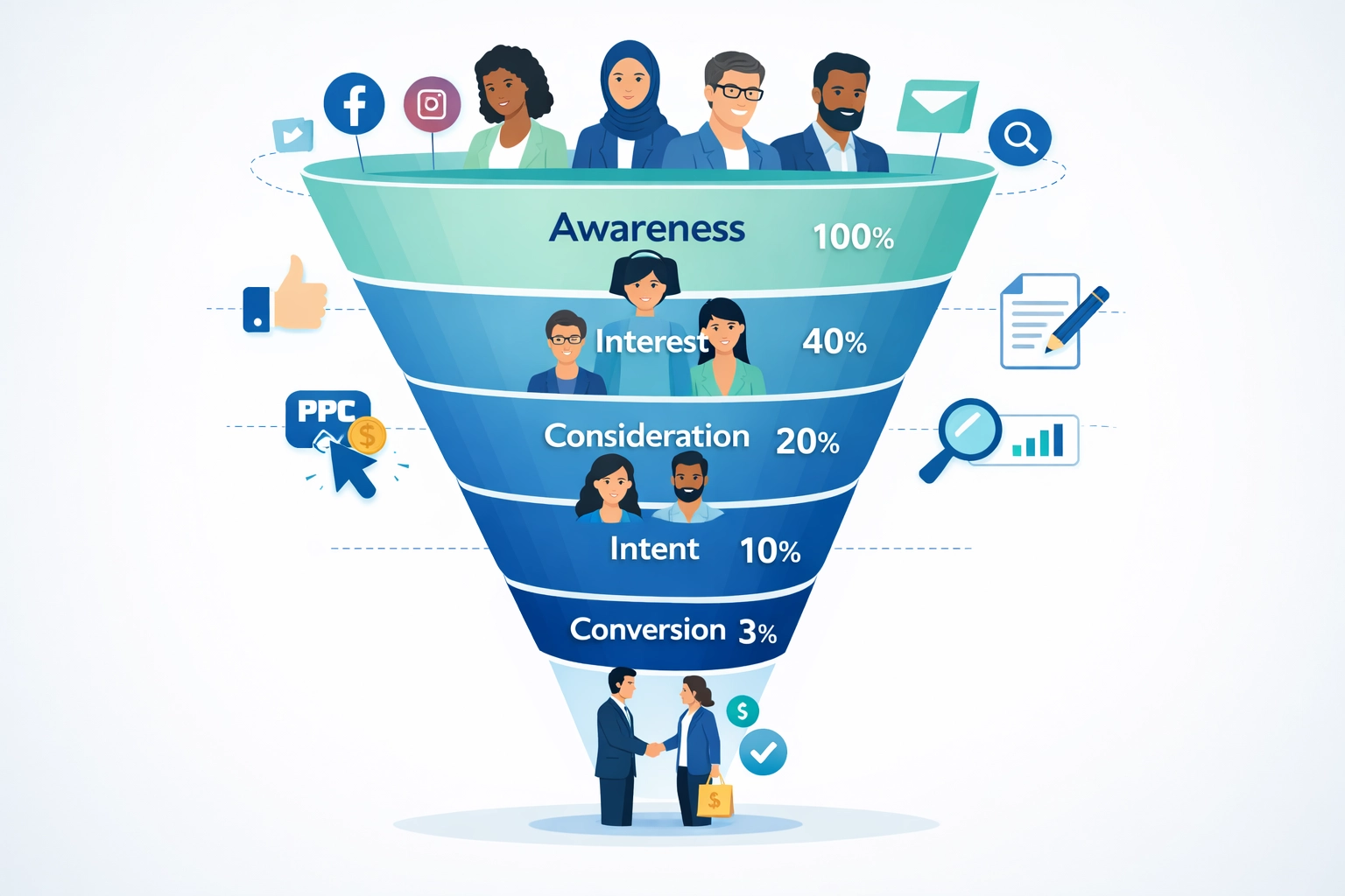 Visualisierung des Akquisitions-Funnels mit den Phasen von Awareness bis Conversion und verschiedenen Marketingkanälen