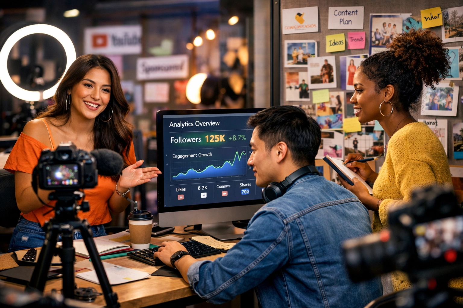 Content creators in studio collaborating on affiliate partnership strategy with professional equipment and analytics