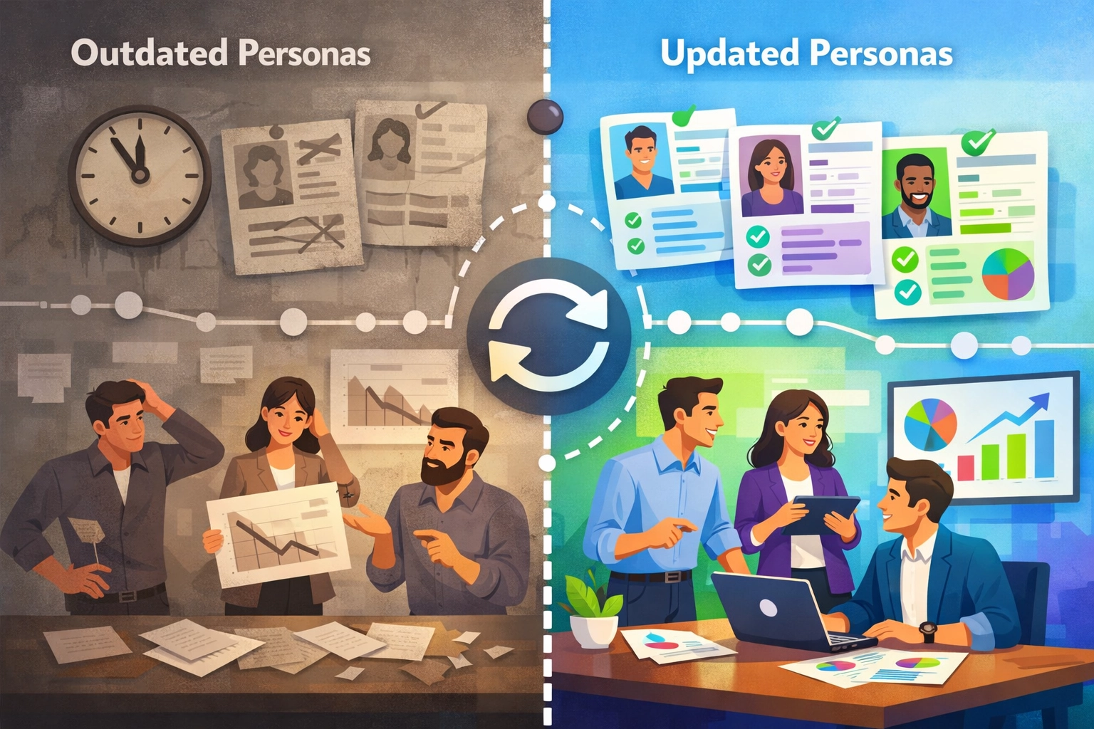 Vergleich von aktualisierten und veralteten Buyer Personas mit Unterschieden in Datenqualität und Geschäftsausrichtung