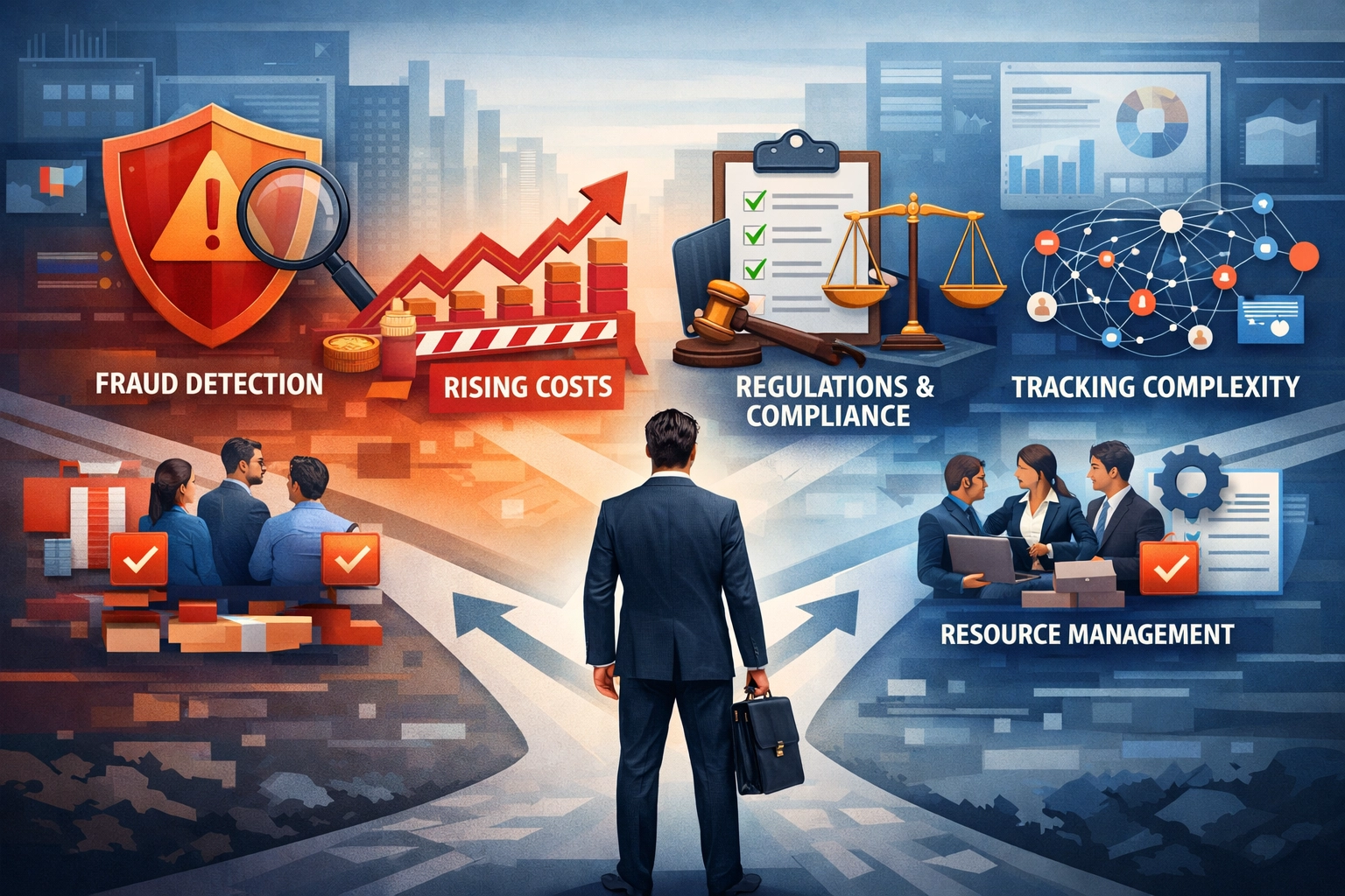 Challenges in affiliate marketing including fraud detection, rising costs, regulatory compliance, and tracking complexity