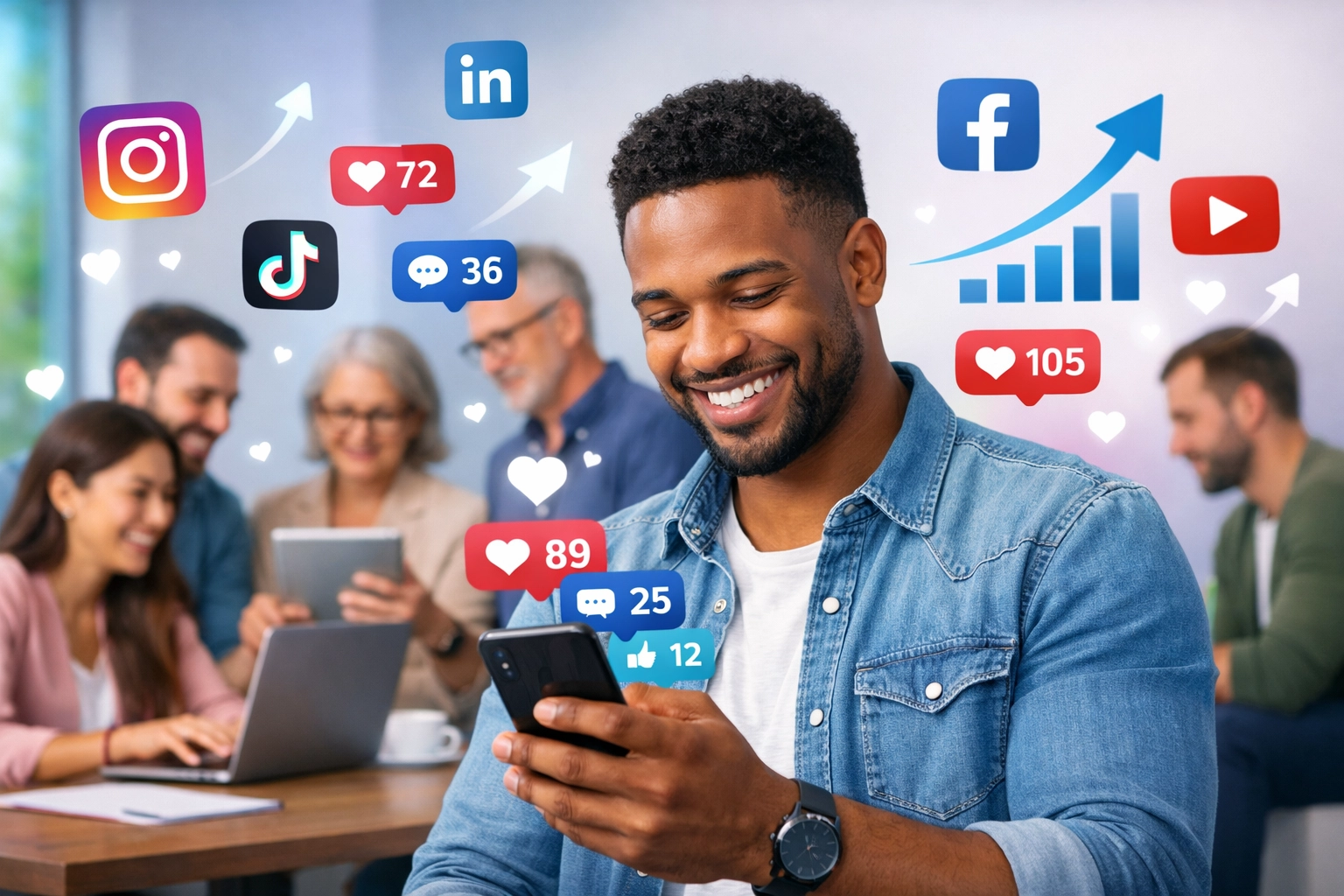 Verschiedene Unternehmer interagieren mit Social-Media-Plattformen, umgeben von Engagement-Metriken und Social-Media-Symbolen