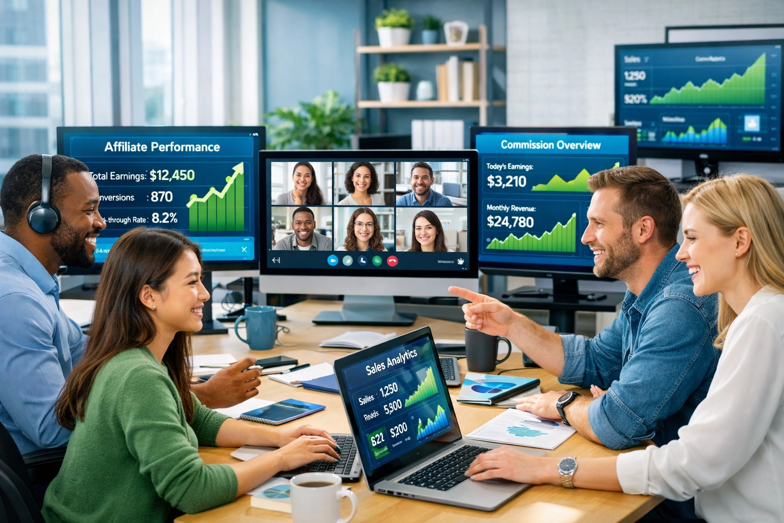 Diverses Affiliate-Team arbeitet zusammen mit Analytics-Dashboards, die erfolgreiche Performance-Metriken anzeigen
