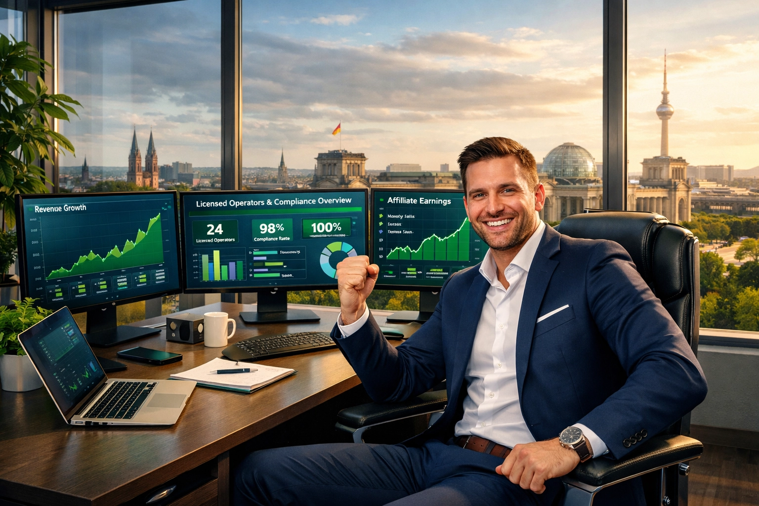 Erfolgreicher Affiliate-Marketer feiert Compliance-Erfolg mit Wachstumskurven und Lizenz-Dashboard