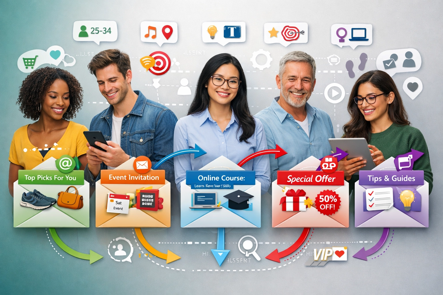 Email segmentation and personalization visualization showing diverse audience targeting