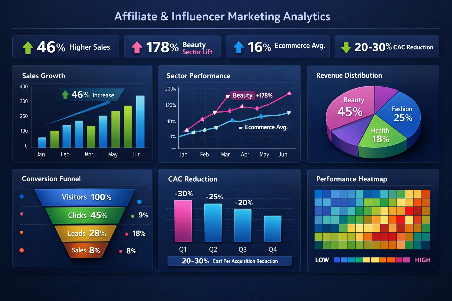 Performance-Metrik-Dashboard mit 46 % mehr Verkäufen und ROI-Analyse