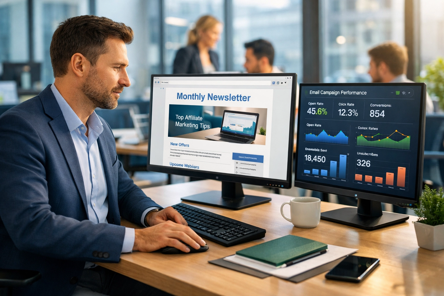 Affiliate-Manager überprüft E-Mail-Newsletter am Computer, während im Hintergrund das Team zusammenarbeitet