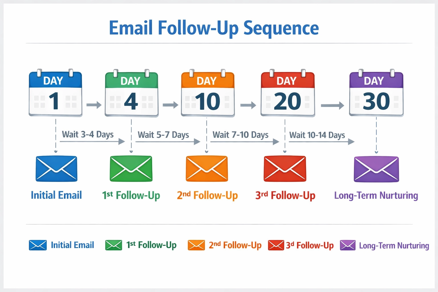 Infografik zum Zeitplan von E-Mail-Follow-ups von Tag 1 bis Tag 30 mit farblich markierten E-Mail-Typen