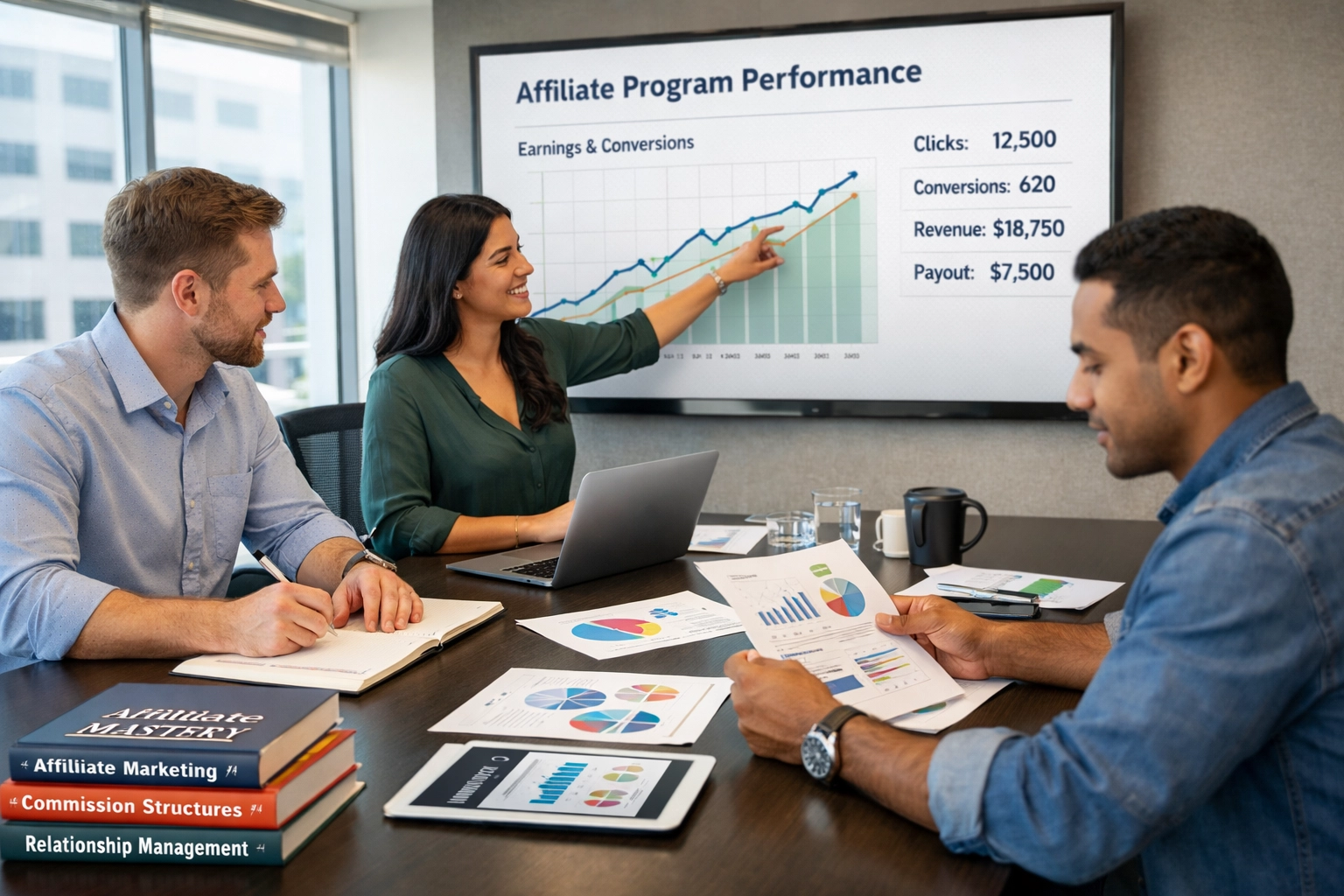 Team von Affiliate-Marketing-Profis arbeitet gemeinsam an Strategie und Performance-Analyse