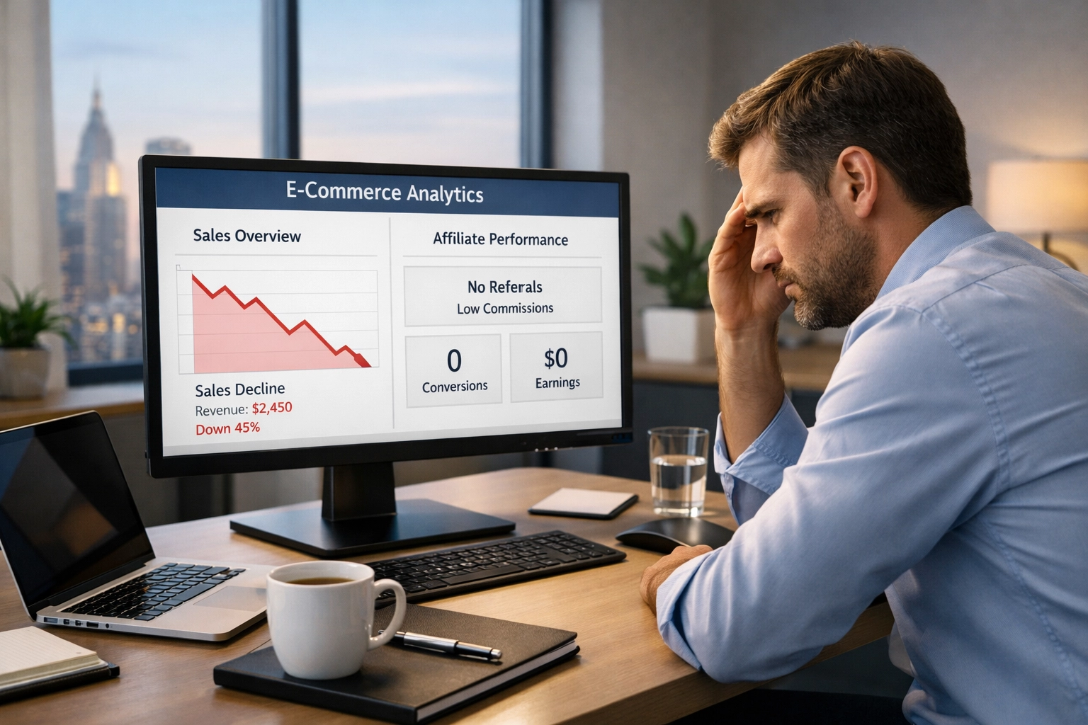 Frustrierter E-Commerce-Shopbetreiber analysiert niedrige Affiliate-Aktivitätsmetriken im Dashboard