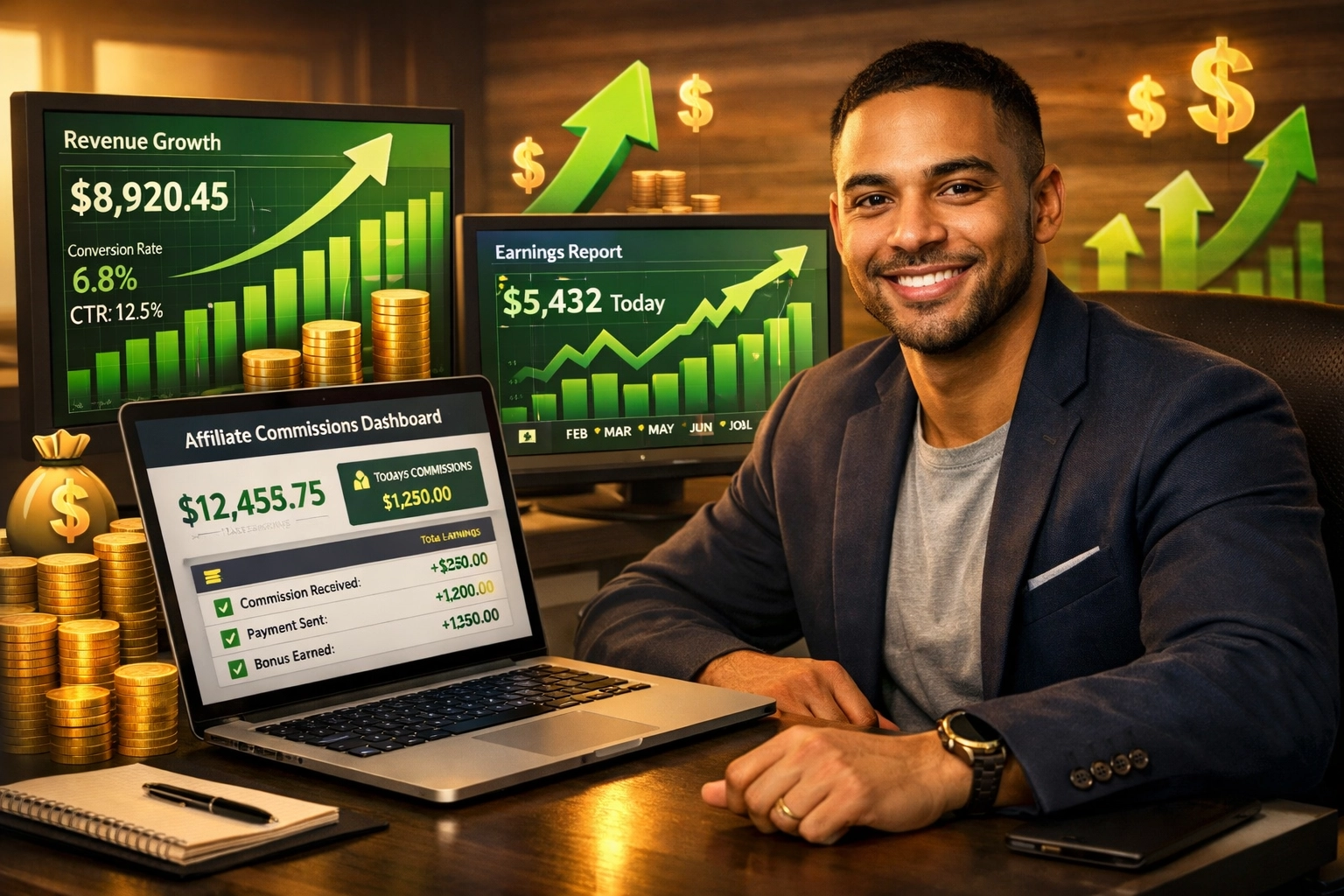 Affiliate-Marketer zeigt Umsatzwachstum mit aufsteigendem Diagramm und Provisions-Dashboard