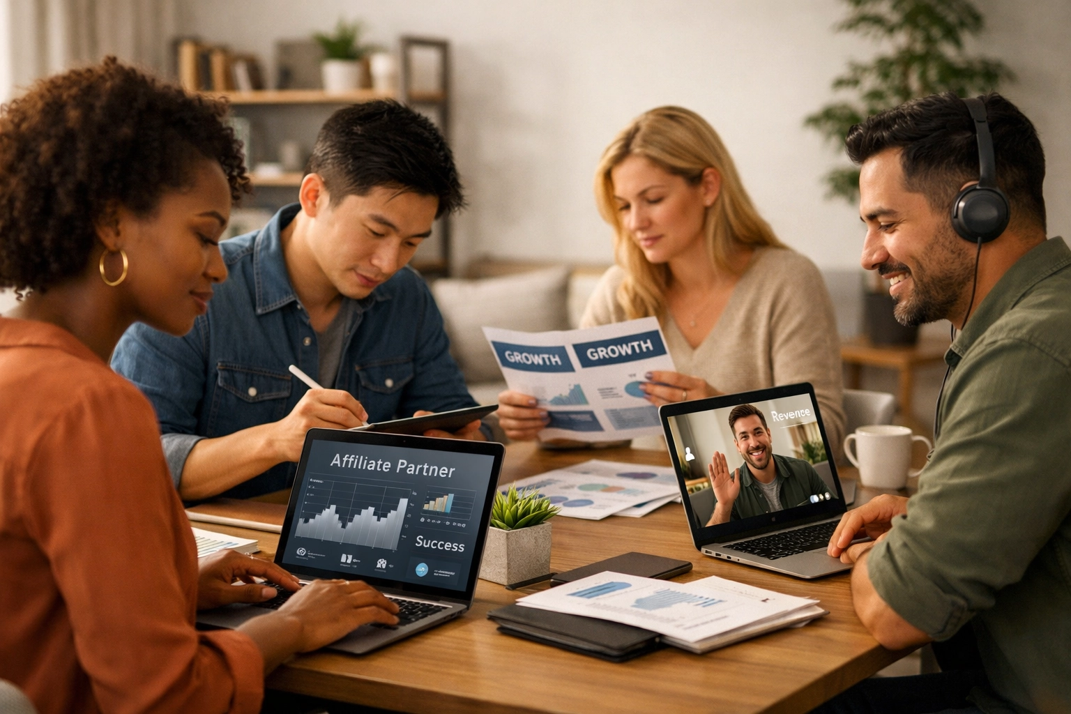 Verschiedene Affiliate-Partner arbeiten an ihren eigenen Unternehmen in einem modernen, kollaborativen Arbeitsumfeld