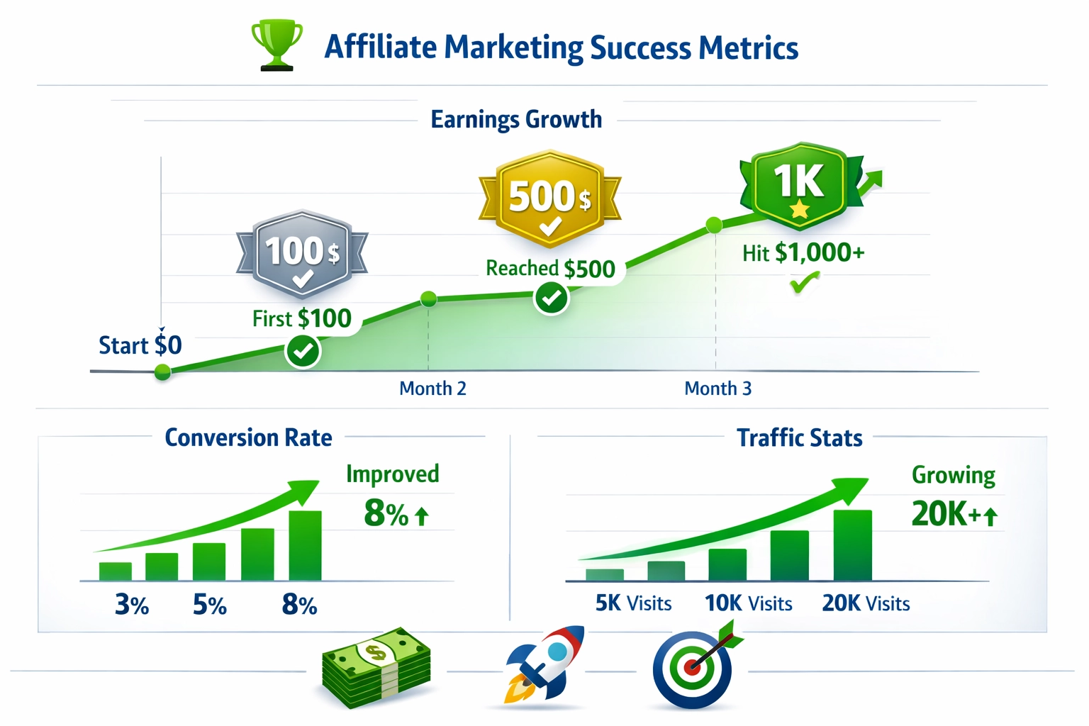Affiliate-Marketing-Dashboard mit Erfolgskennzahlen zu Umsatzwachstum und Conversion Rates