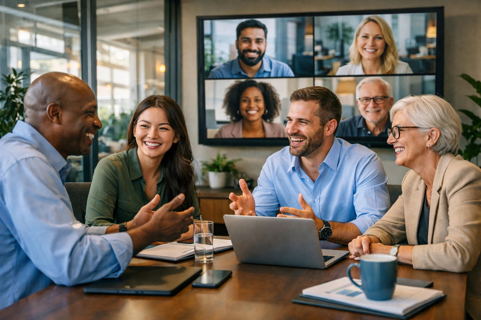 Vielfältiges Team von Fachleuten bei hybrider Zusammenarbeit mit Teamwork und Gemeinschaft
