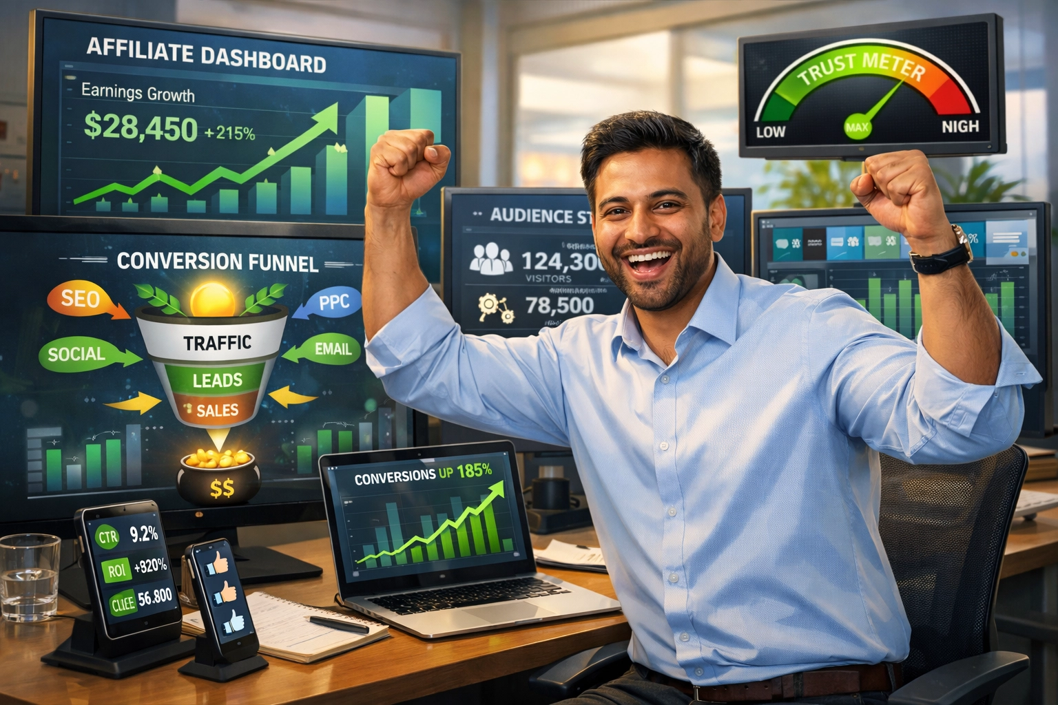 Erfolgreicher Affiliate-Marketer mit wachsendem Traffic und Vertrauensmetriken