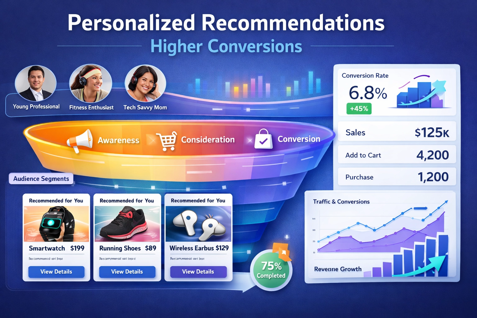 Visualisierung der Customer Journey mit personalisierten Empfehlungen und Conversion-Funnel