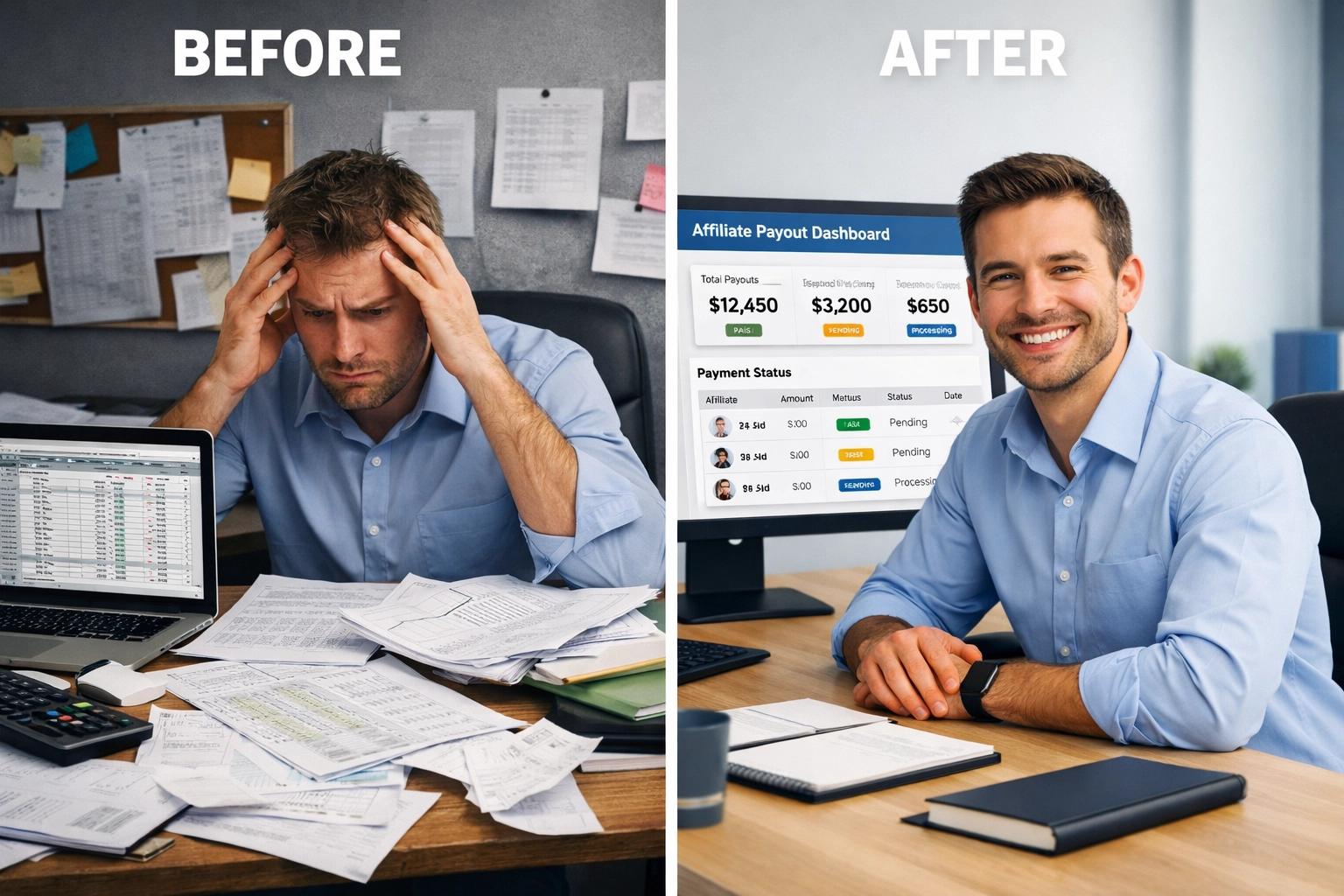 Vergleich: Affiliate-Auszahlungsmanagement vor und nach der Nutzung von PostAffiliatePro