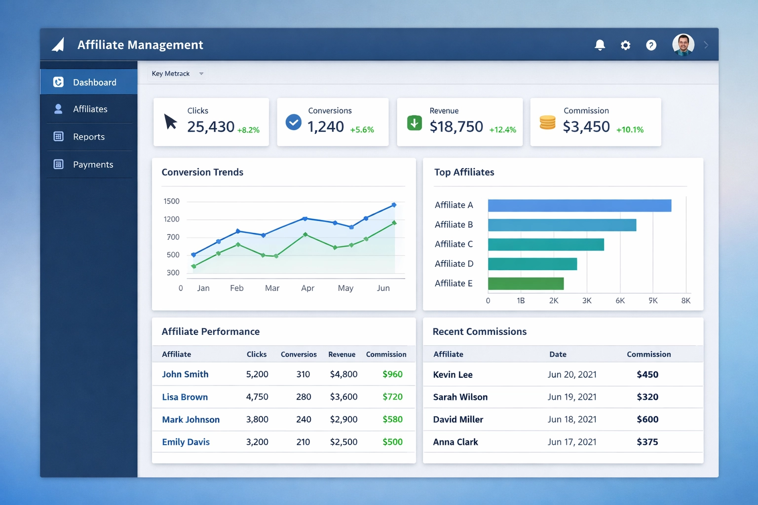 Affiliate-Management-Dashboard mit Echtzeit-Performance-Metriken und Tracking