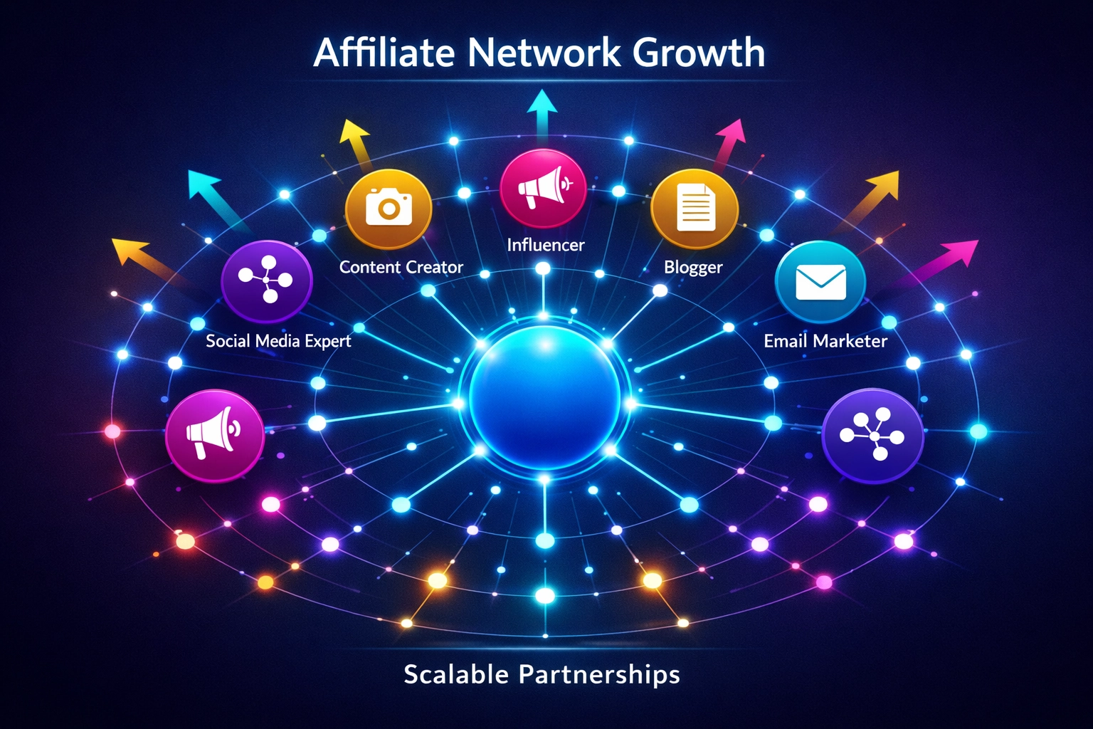 Network diagram showing affiliate marketing ecosystem with scalable partnerships and growth