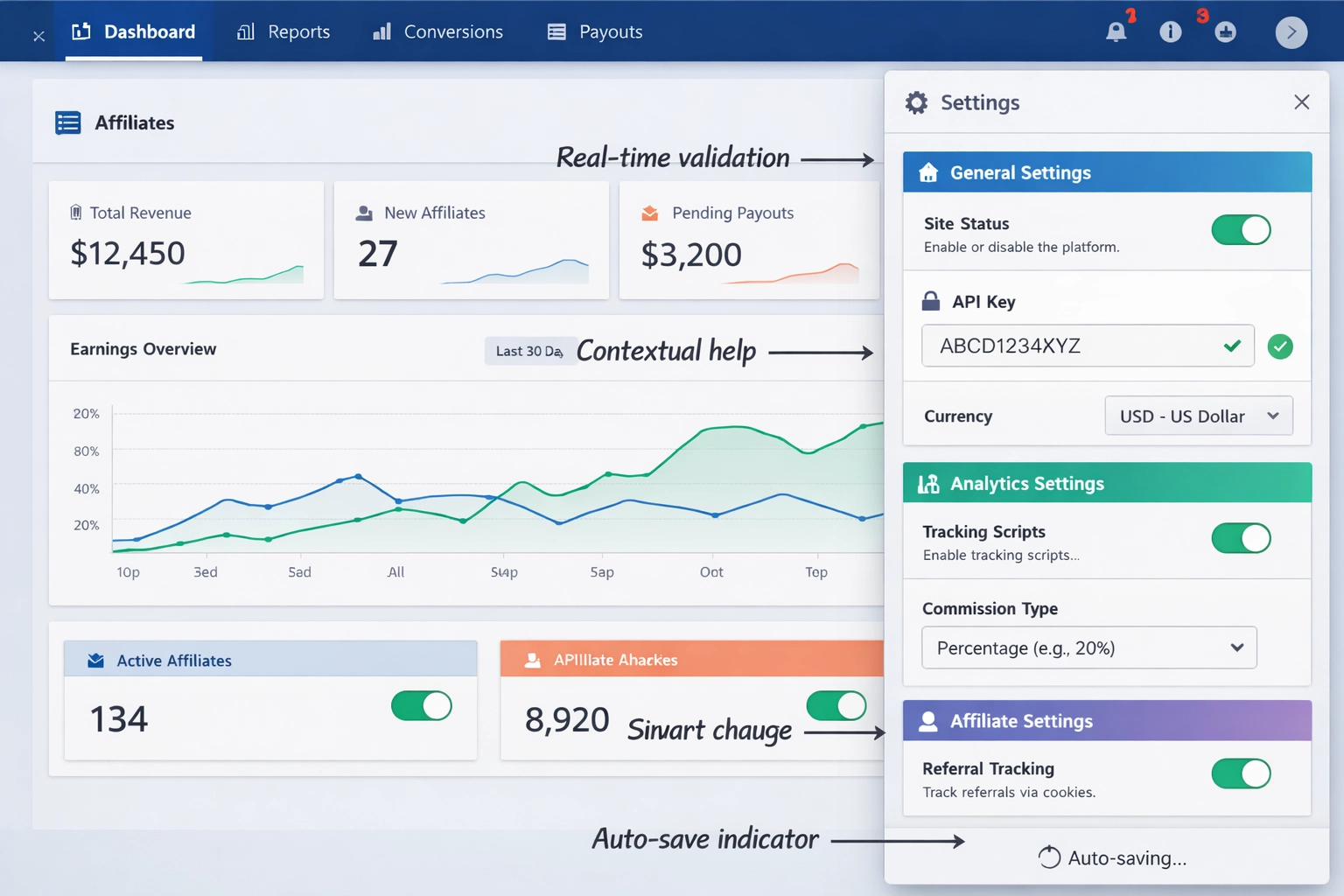 Moderner In-Page-Konfigurationsbereich mit integrierten Steuerungen und Echtzeit-Feedback