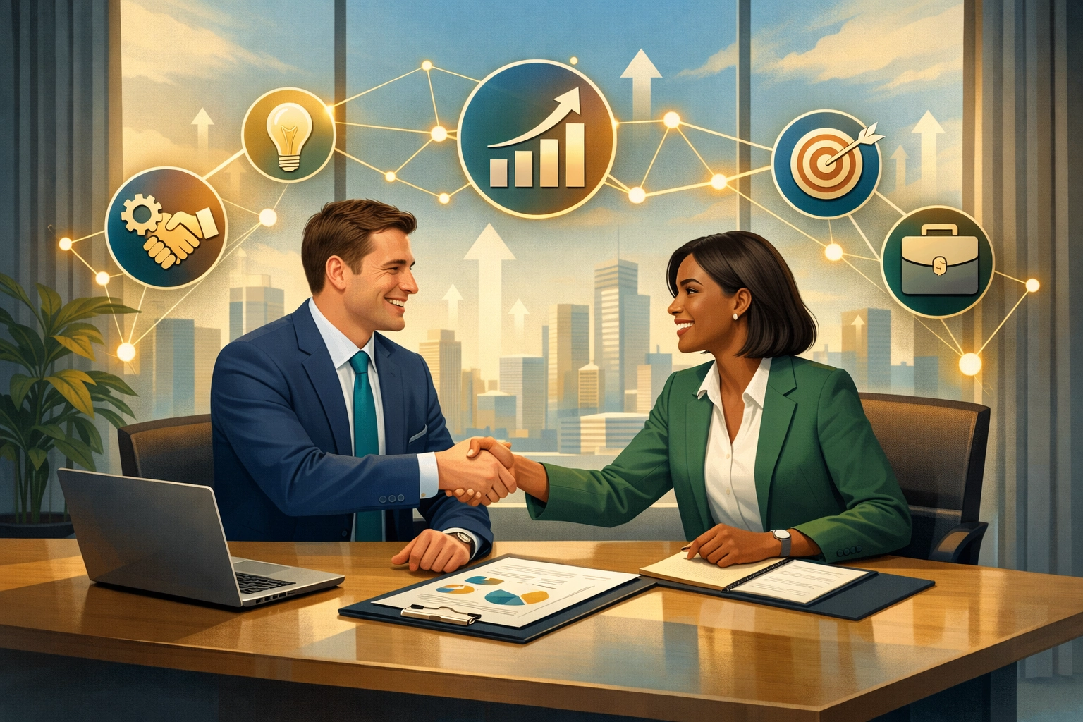 Business professionals collaborating and shaking hands with network connection symbols representing strategic partnerships