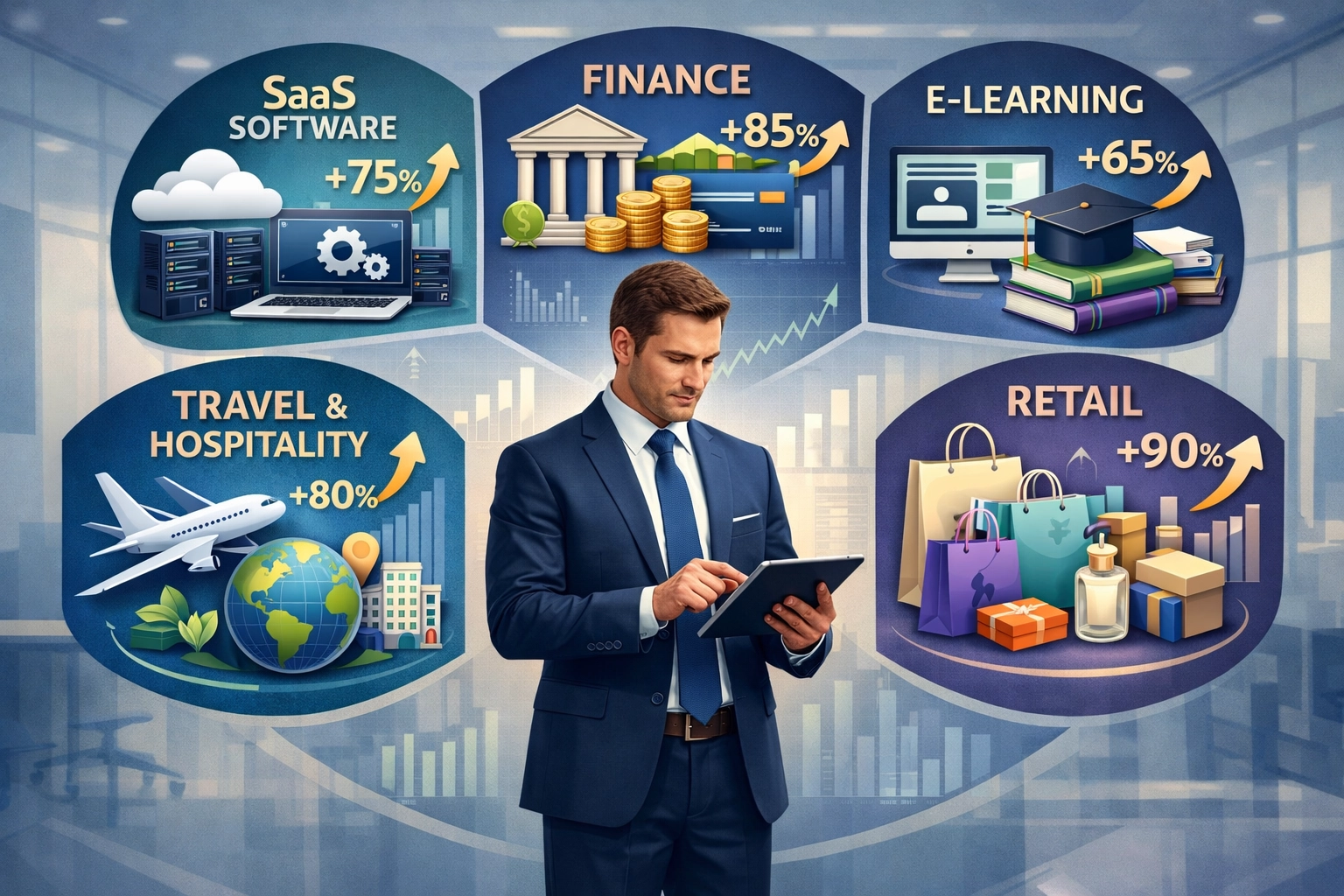 Verschiedene Geschäftsbereiche mit SaaS, Finanzen, E-Learning, Reisen und Gesundheit & Wellness und deren Wachstum