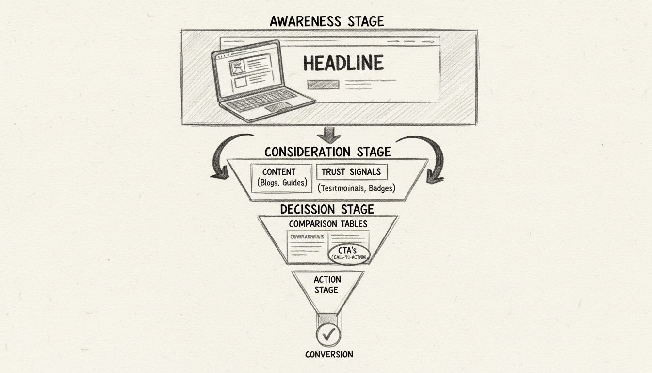 Conversion-Funnel-Diagramm mit Awareness-, Consideration-, Decision- und Action-Phasen mit visuellem Fluss
