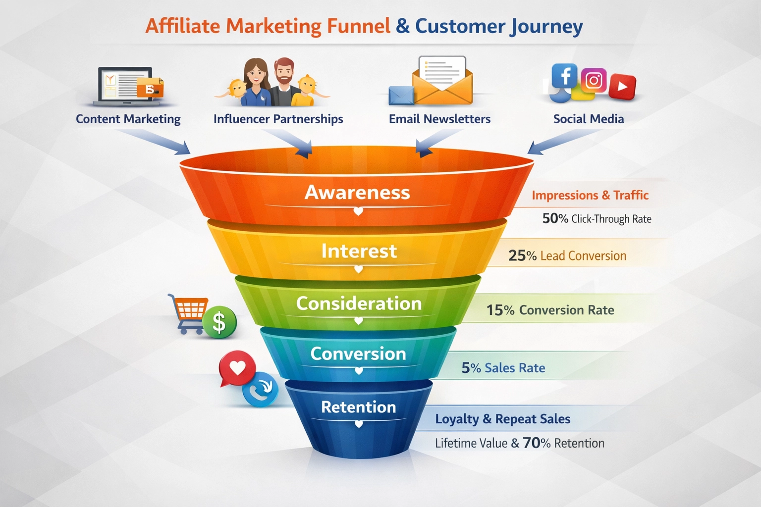 Affiliate-Marketing-Funnel, der die Customer Journey vom ersten Kontakt bis zur Bindung zeigt