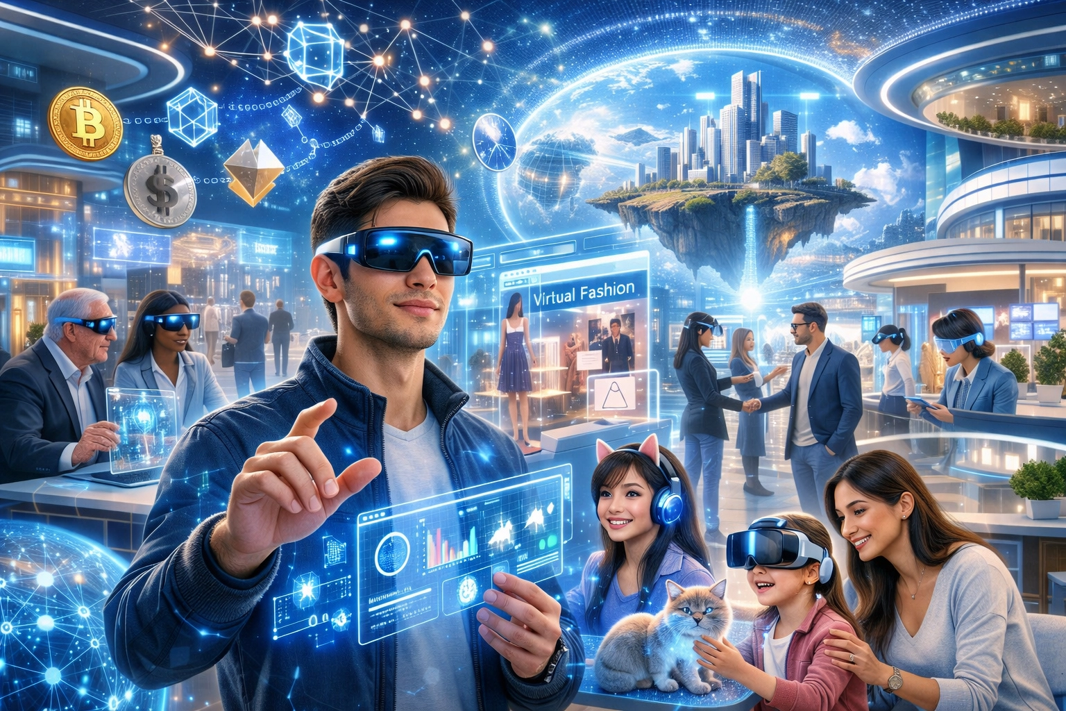 Zukunftsvision des Metaverse mit nahtloser Integration zwischen physischer und digitaler Welt durch AR-Brillen und holografische Interfaces