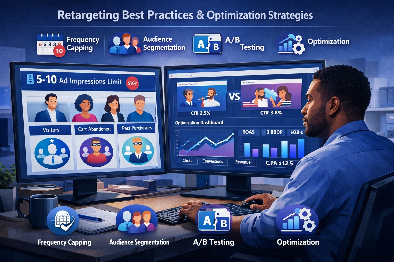 Professionelle Illustration, die Retargeting-Best-Practices und Optimierungsstrategien zeigt