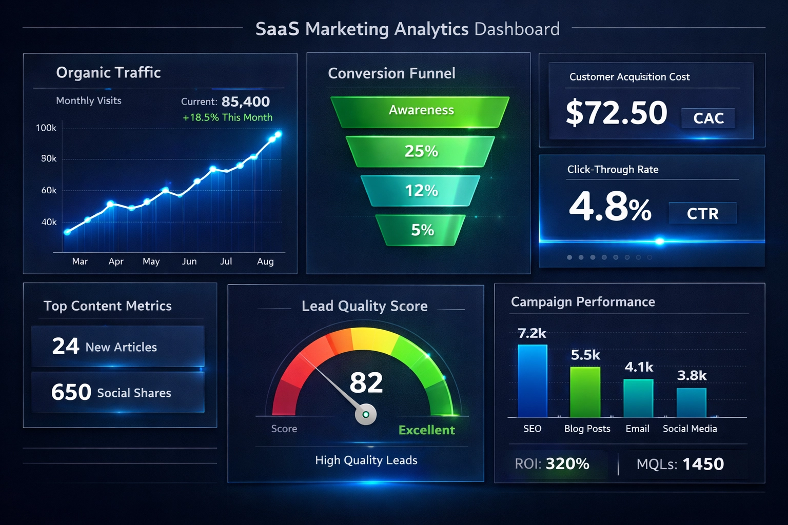SaaS-Marketing-Analytics-Dashboard mit zentralen Performance-Kennzahlen und Content-Strategie-Daten