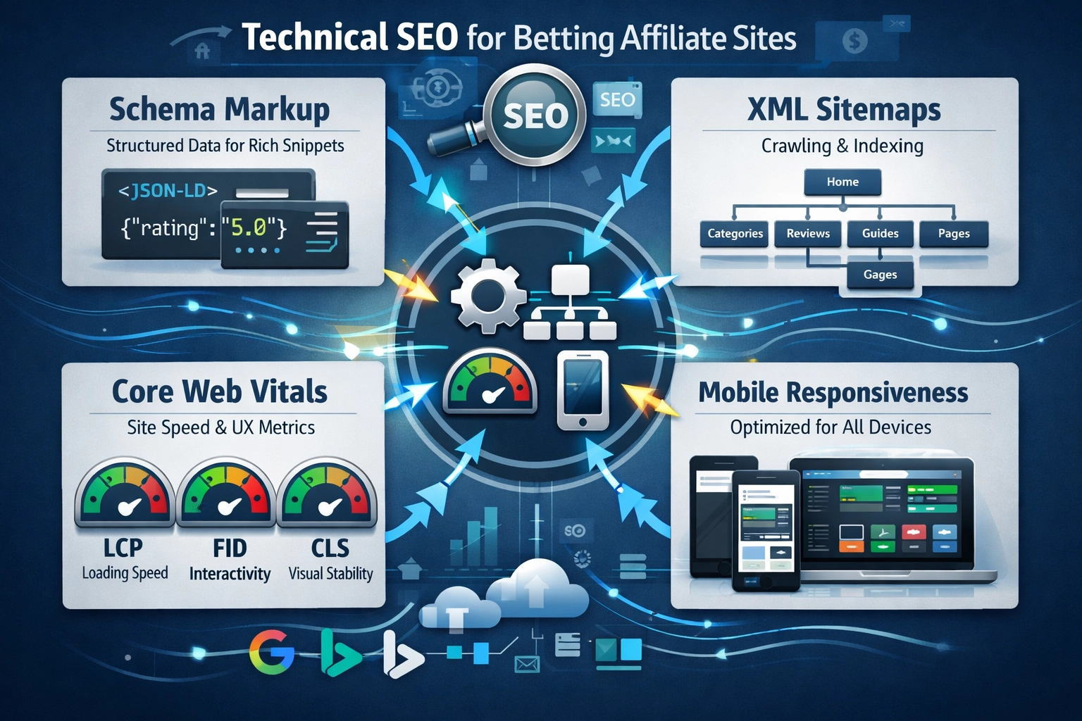Technische SEO-Elemente wie Schema-Markup, XML-Sitemaps und Core Web Vitals