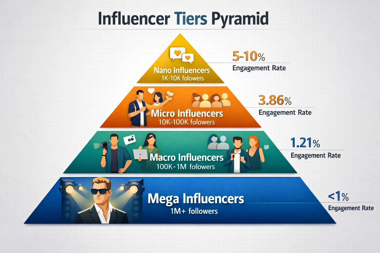 Influencer-Tiers-Pyramide mit Nano-, Mikro-, Makro- und Mega-Influencern sowie deren Engagement-Raten