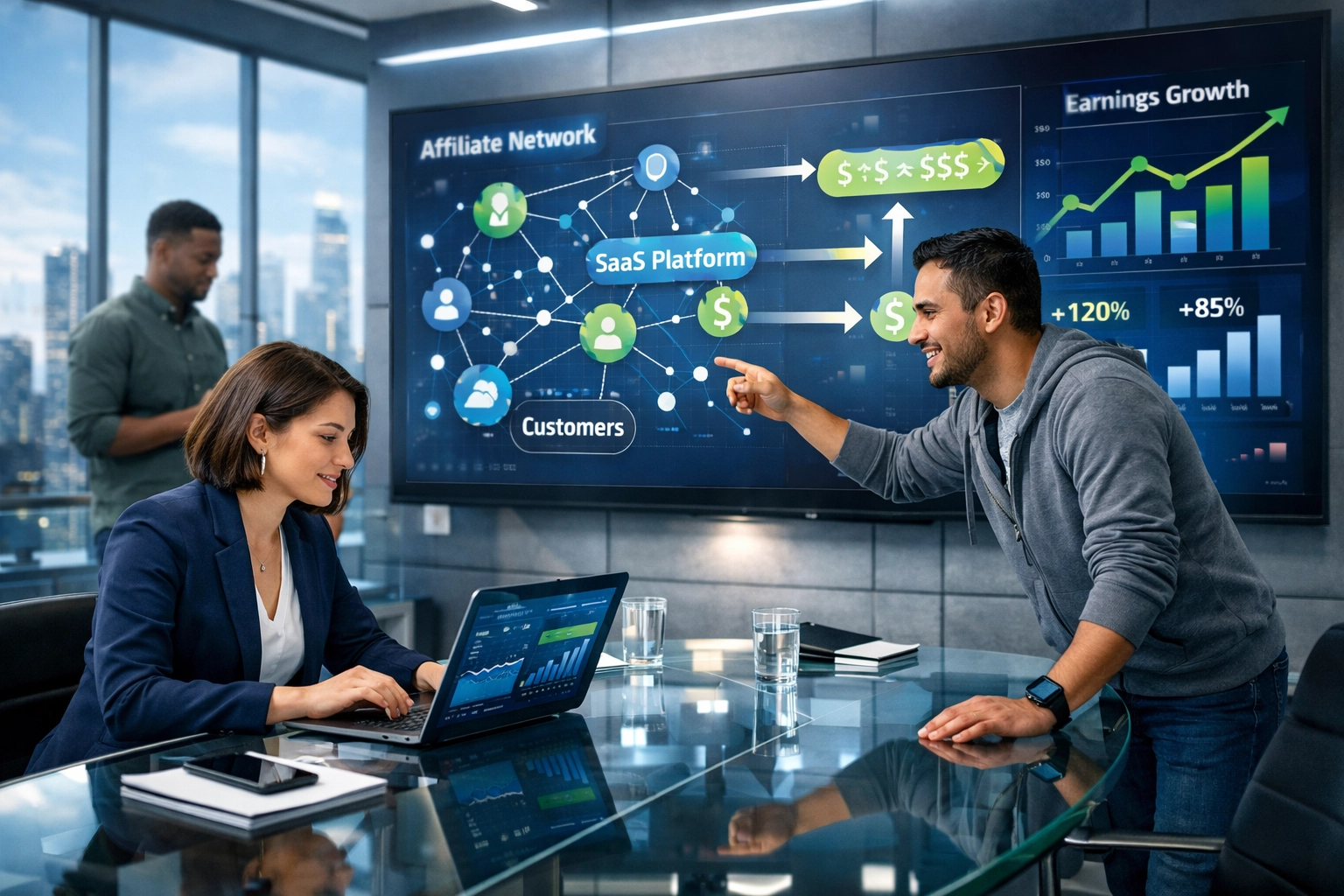 Professionelles SaaS-Affiliate-Marketing-Team arbeitet gemeinsam mit Analytics-Dashboard