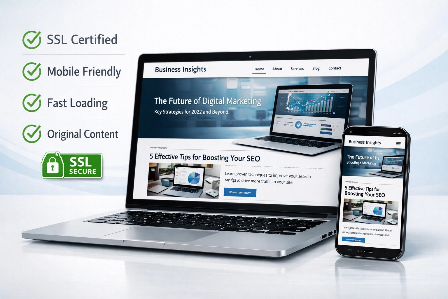 Website-Qualitätsprüfung mit SSL-Siegel, mobiler Optimierung und Content-Indikatoren